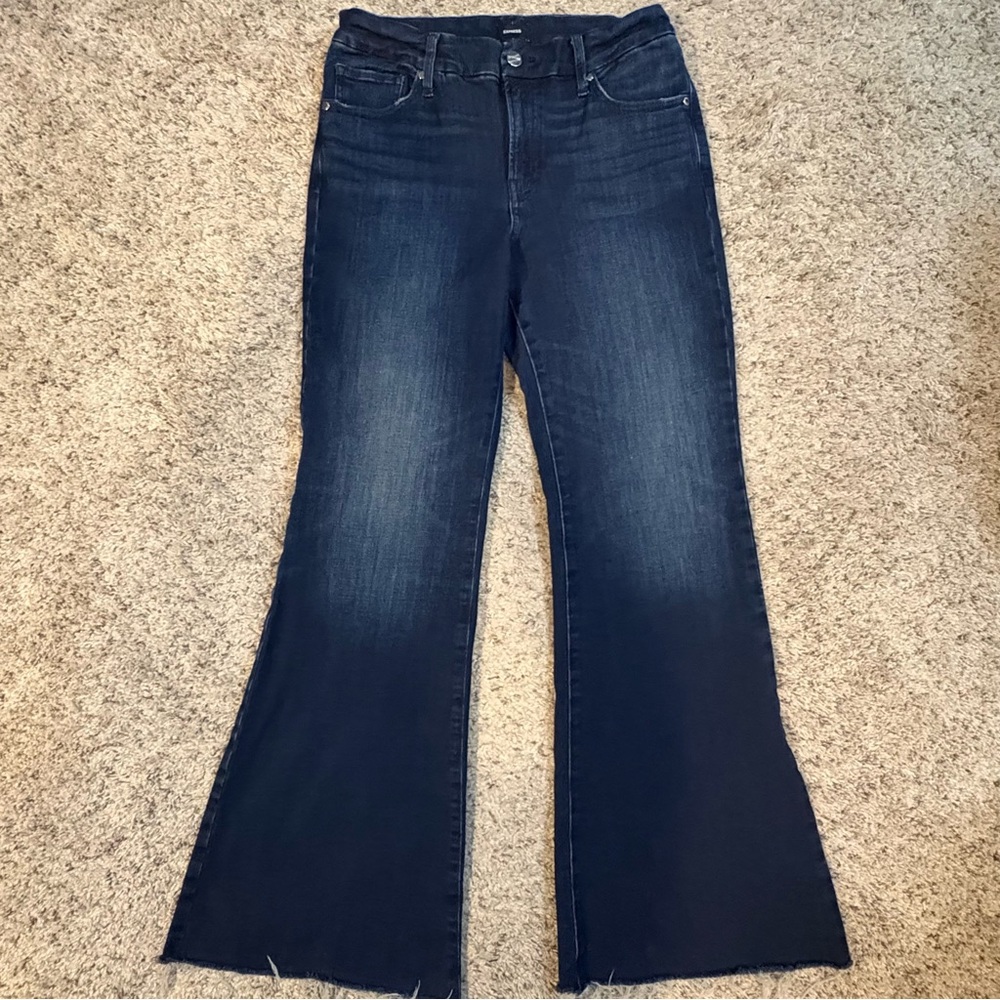Express 70’s Flare Mid-Rise Dark Indigo Jeans - Medium Short Size 6/8/10 - Picture 5 of 10